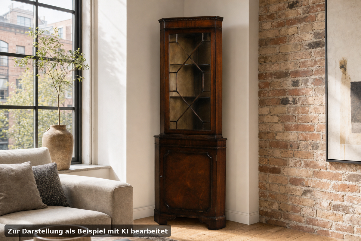 Englische Eckvitrine Eckschrank Glasvitrine Mit 5 Ablagen Mahagoni Antik | Englische Möbel - KI-Ansicht