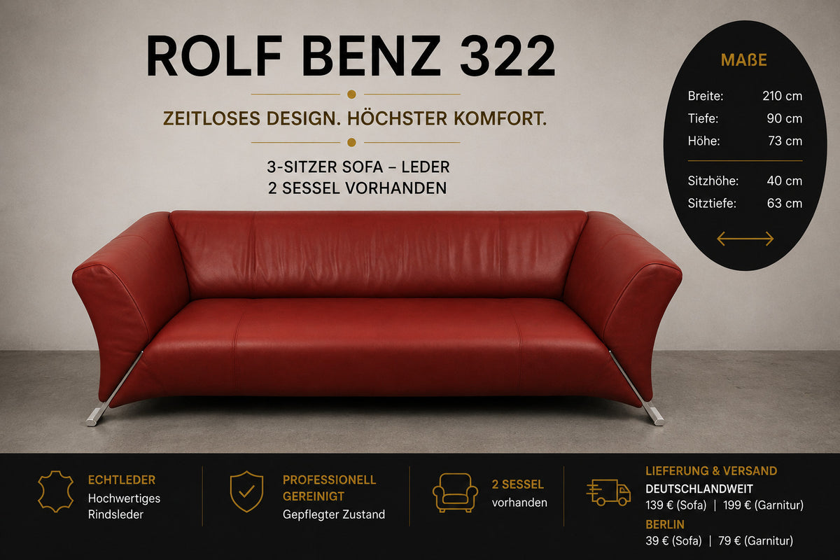 Rolf Benz 322 Club Sofa Dreisitzer Designer Couch Echtleder Rot | Rolf Benz - Bild 2