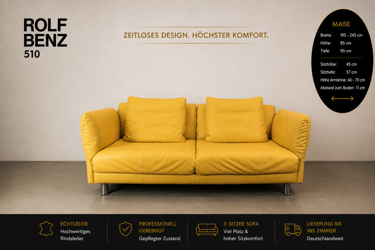 Rolf Benz 510 Couch Dreisitzer Echtleder Gelb Designer Sofa Manuelle Funktion | Rolf Benz - Bild 2