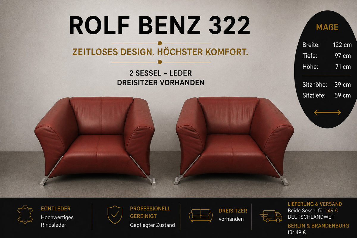 2 X Rolf Benz 322 Club Sessel Einsitzer Designer Sofa Echtleder Rot | Rolf Benz - Bild 2