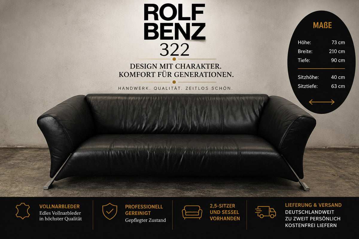 ROLF BENZ 322 | 3-SITZER | SCHWARZ LEDER | DESIGNER SOFA | Rolf Benz - Bild 2