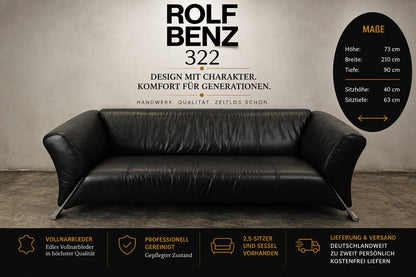 ROLF BENZ 322 | 3-SITZER | SCHWARZ LEDER | DESIGNER SOFA | Rolf Benz - Bild 2