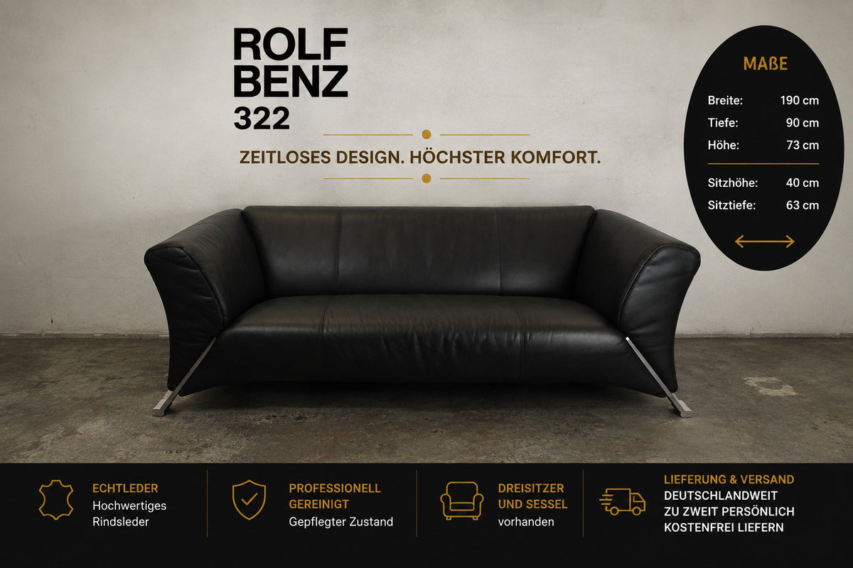 ROLF BENZ 322 | 2,5-SITZER | SCHWARZ LEDER | DESIGNER SOFA | Rolf Benz - Bild 2