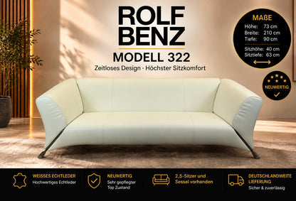 ROLF BENZ 322 | 3-SITZER | WEISS LEDER | DESIGNER SOFA | Rolf Benz - Bild 2