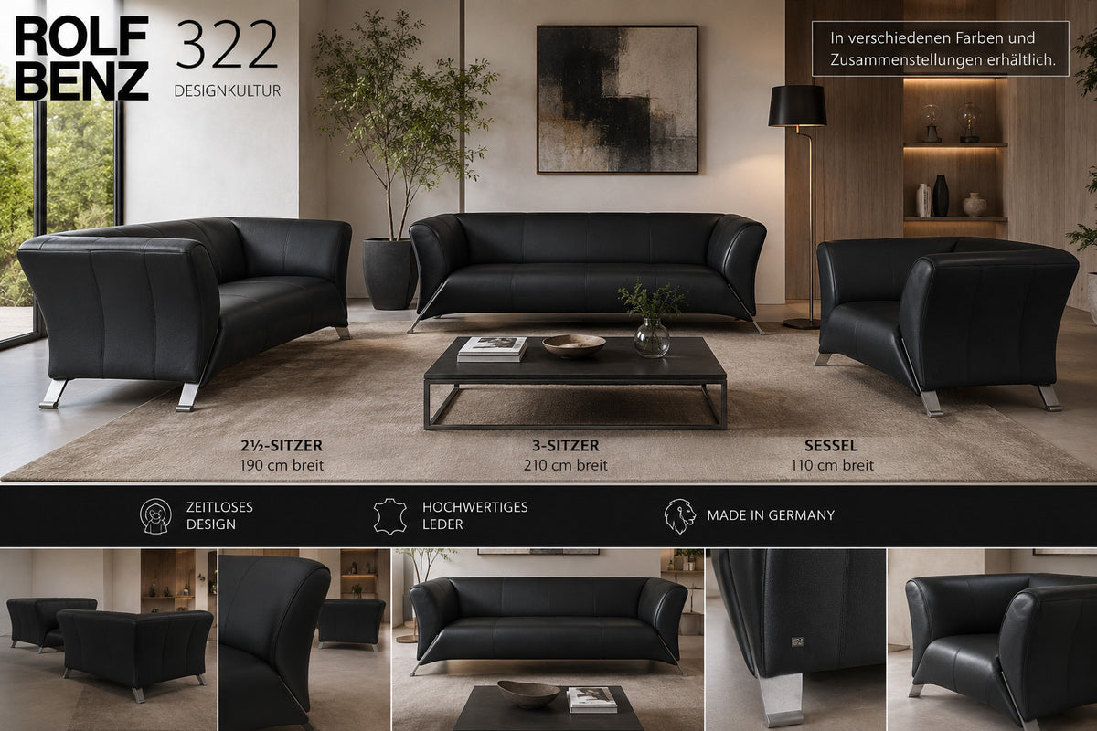 Rolf Benz Modell 322 Couch Garnitur 3-Sitzer 2-Sitzer 1-Sitzer Sofa Sessel Black | Rolf Benz - Bild 1