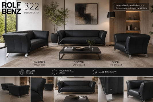 Rolf Benz Modell 322 Couch Garnitur 3-Sitzer 2-Sitzer 1-Sitzer Sofa Sessel Black | Rolf Benz - Bild 1