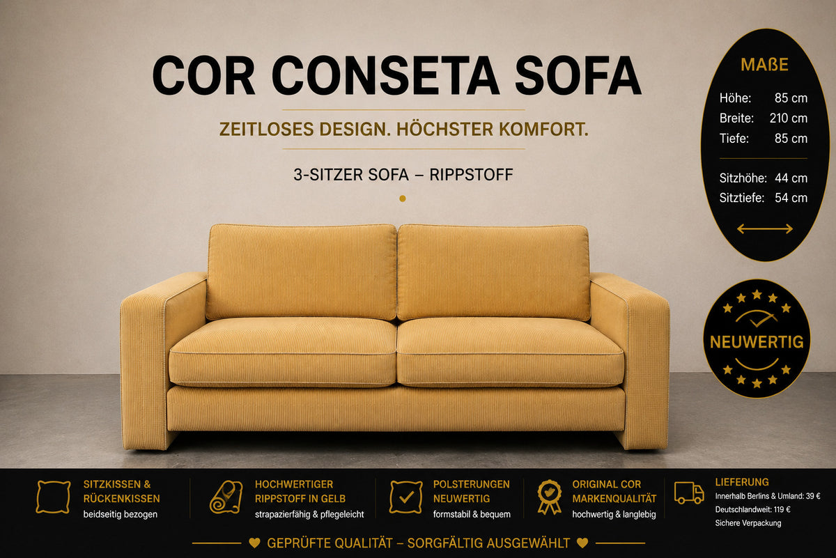 COR Conseta Couch Dreisitzer Hochwertiger Ripp Stoff Gelb Designer Sofa Neubezug | Cor - Bild 2