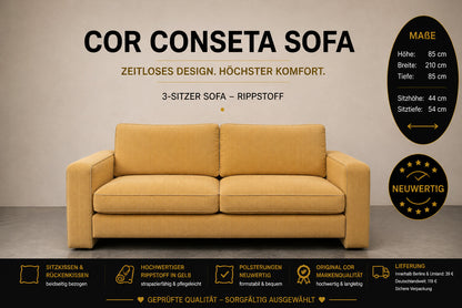 COR Conseta Couch Dreisitzer Hochwertiger Ripp Stoff Gelb Designer Sofa Neubezug | Cor - Bild 2