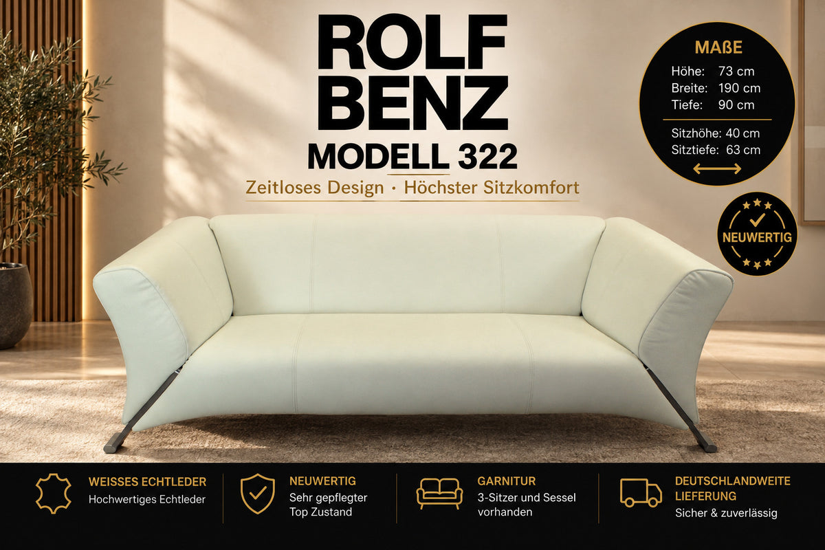 ROLF BENZ 322 | 2,5-SITZER | WEISS LEDER | DESIGNER SOFA | Rolf Benz - Bild 2