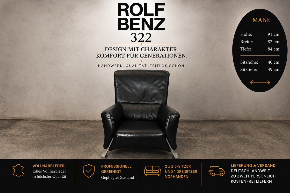 ROLF BENZ 322 | 1-SITZER | SCHWARZ LEDER | DESIGNER SESSEL | Rolf Benz - Bild 2