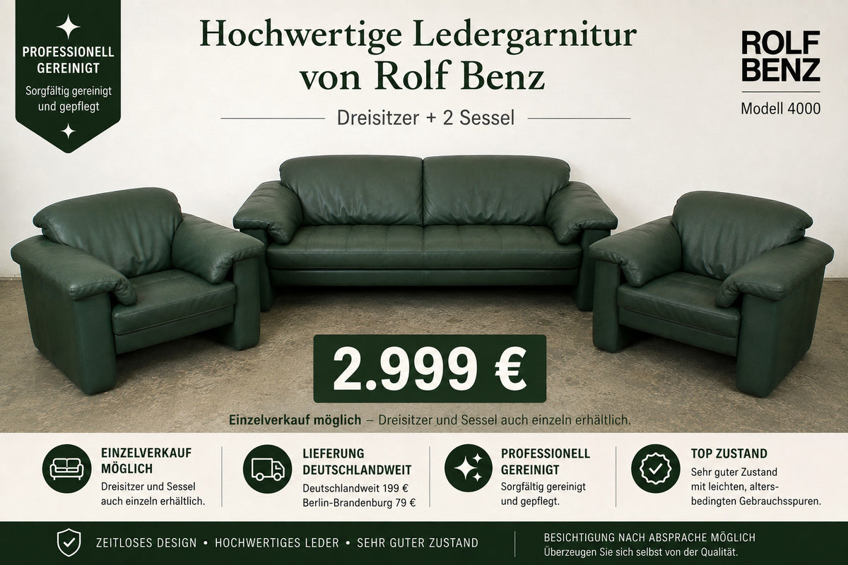 Rolf Benz 4000 Couch Garnitur Dreisitzer Sofa mit 2 Sessel Grün Leder | Rolf Benz - Bild 2