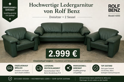Rolf Benz 4000 Couch Garnitur Dreisitzer Sofa mit 2 Sessel Grün Leder | Rolf Benz - Bild 2
