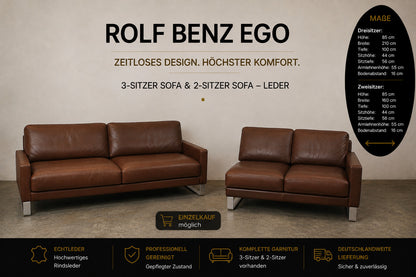Rolf Benz EGO Designer Couch Garnitur Dreisitzer & Zweisitzer Leder Sofa Braun | Rolf Benz - Bild 2