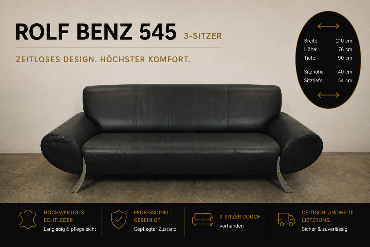Rolf Benz 545 Designer Couch Dreisitzer Sofa Blau Echtleder | Rolf Benz - Bild 2