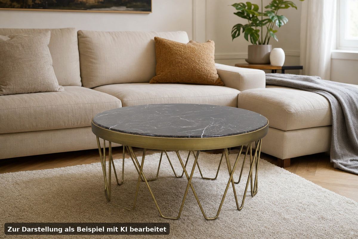 Edler Marmor Couchtisch Runder Beistelltisch Mit Goldfarbenem Metallgestell | Reinstein Möbel - Bild 1