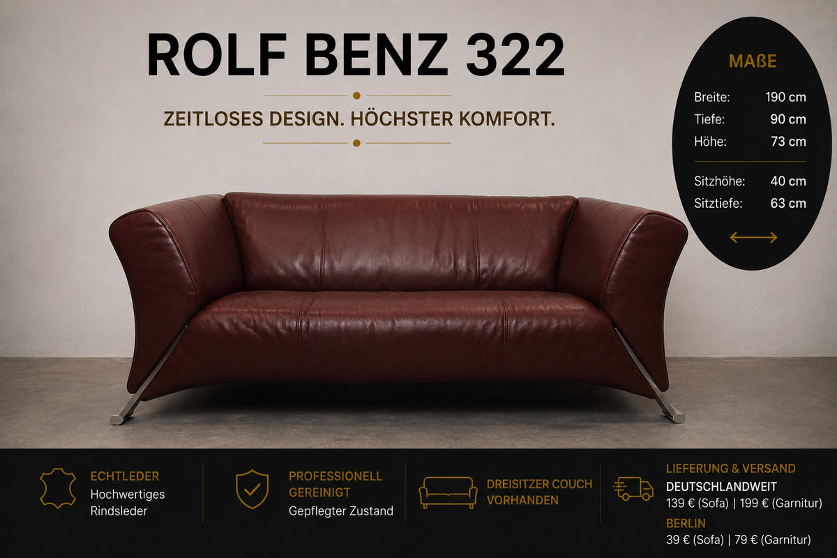 Rolf Benz 322 Club Sofa Zweieinhalbsitzer Designer Couch Echtleder Oxblood Rot | Rolf Benz - Bild 2