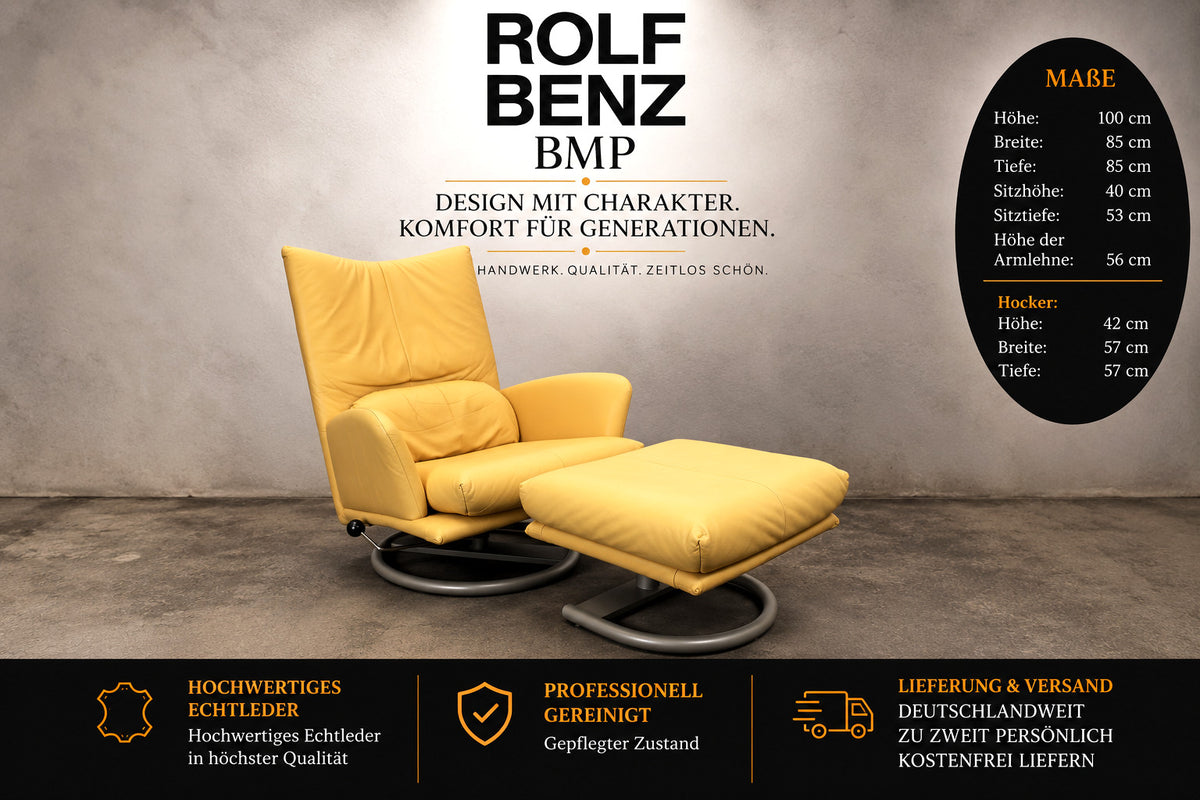 ROLF BENZ BMP | 1-SITZER MIT HOCKER | GELB LEDER | DESIGNER SESSEL | Rolf Benz - Bild 2