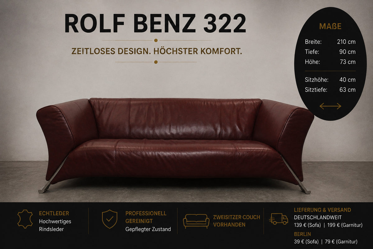 Rolf Benz 322 Club Sofa Dreisitzer Designer Couch Echtleder Oxblood Rot | Rolf Benz - Bild 2