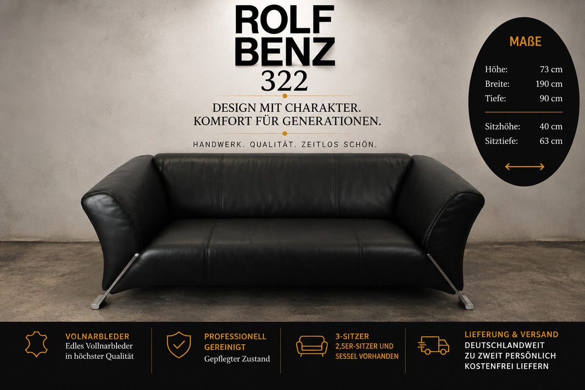 ROLF BENZ 322 | 2,5-SITZER | SCHWARZ LEDER | DESIGNER SOFA | Rolf Benz - Bild 2