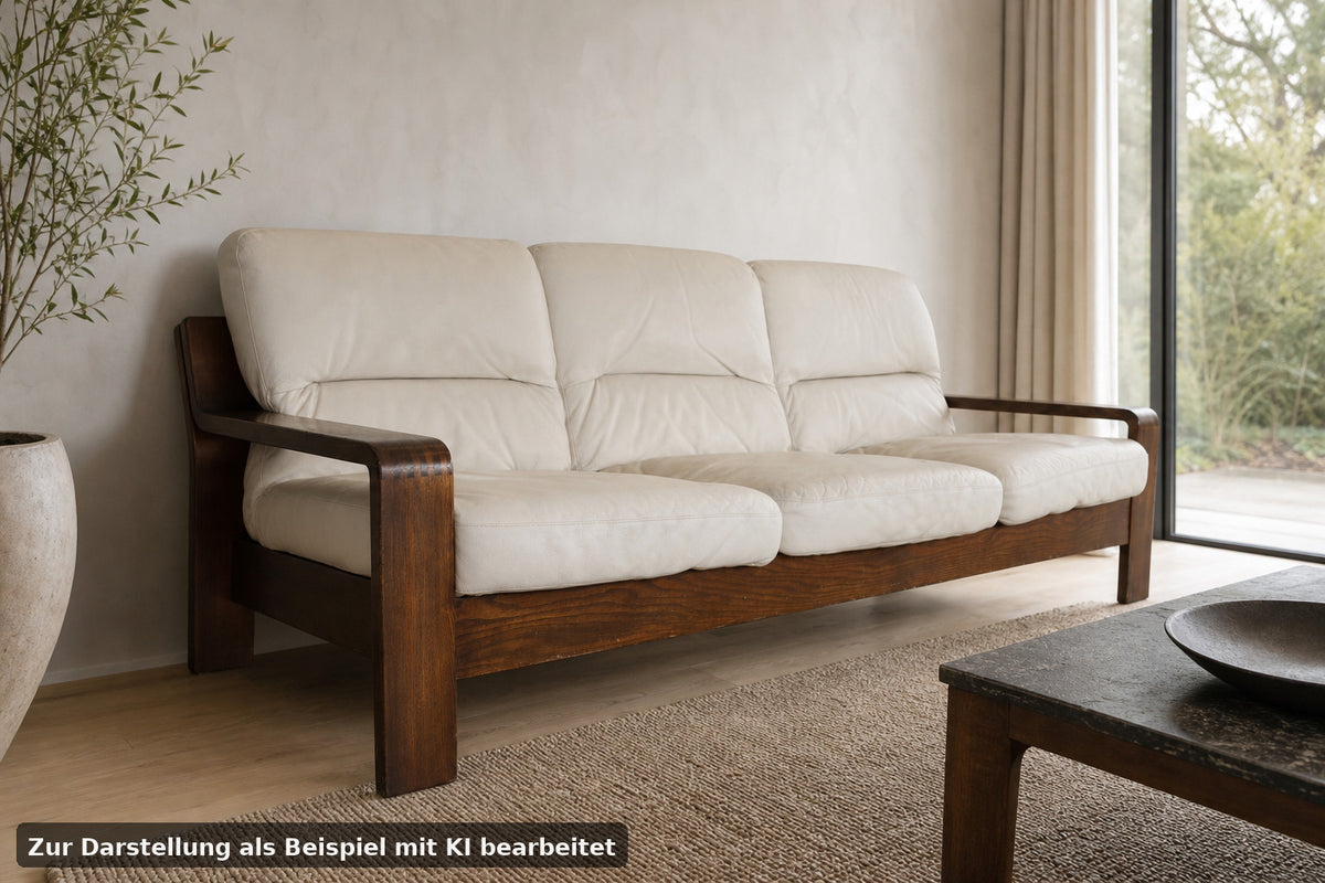 Rolf Benz Dreisitzer Couch Beige Leder Eiche Sichtholzgestell Freisteller Sofa | Rolf Benz - Bild 1