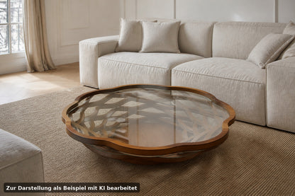Wunderschöner Vollholz Couchtisch Mit Besonderer Form Und Glasplatte 120 cm | Reinstein Möbel - Bild 1