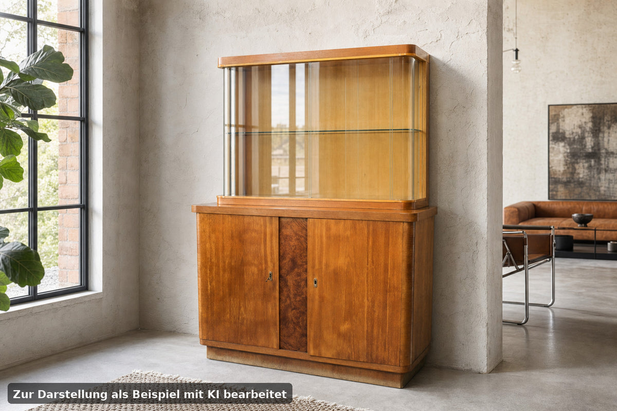 Art Deco Aufsatzschrank Buffet Vitrinenschrank Rundglas Wurzel Nussbaum Antik | ART DECO - Bild 1