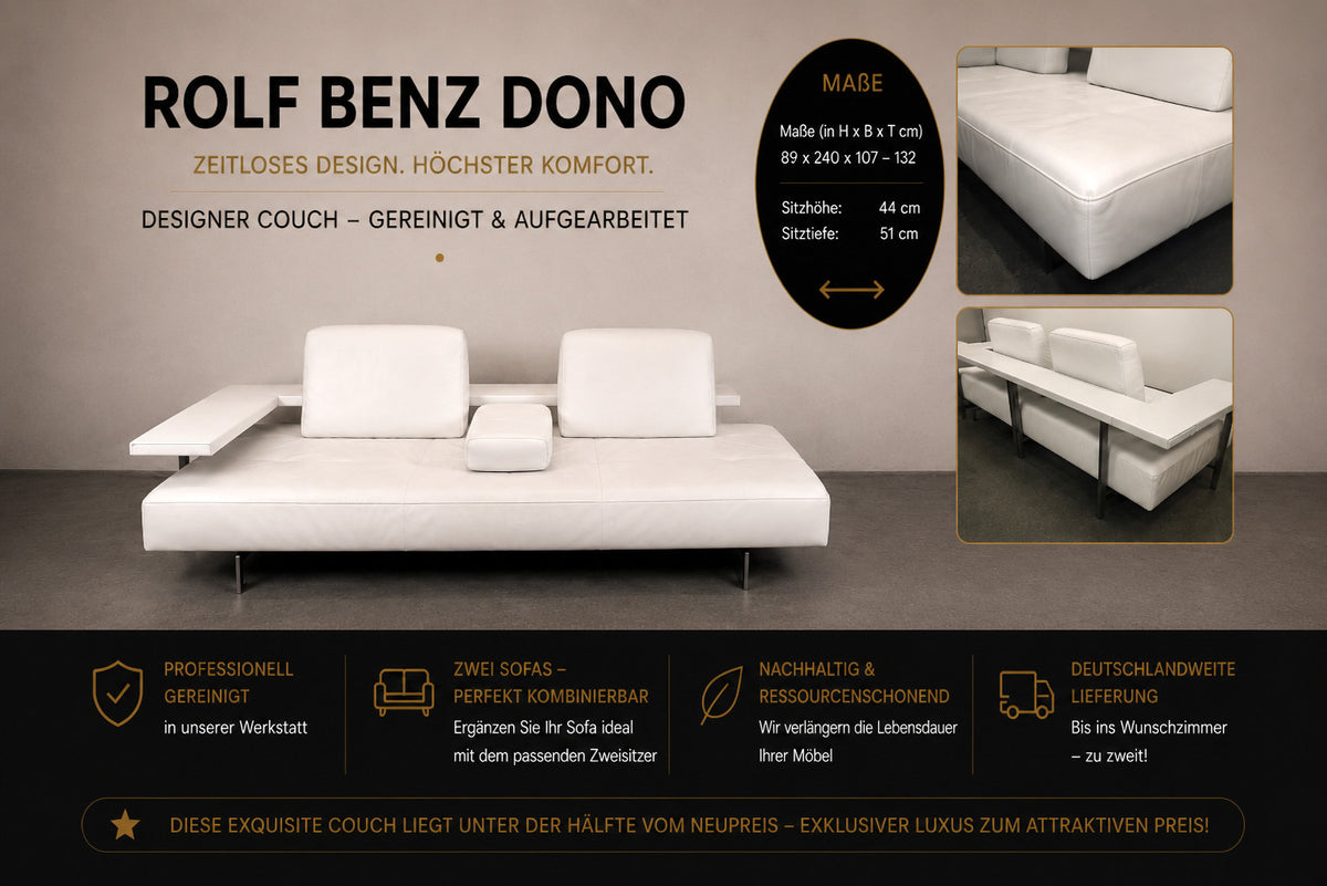 Rolf Benz Dono6100 Couch Liege Dreisitzer Weiß Leder Designer Sofa | Rolf Benz - Bild 2